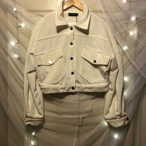 PLT white corduroy oversized trucker jacket